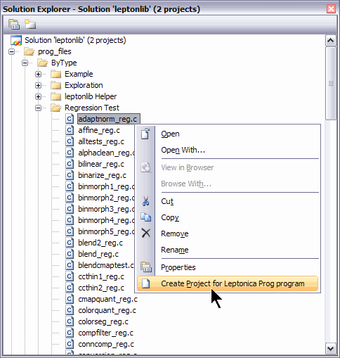 "Create Project for Leptonica Prog program" popup menu